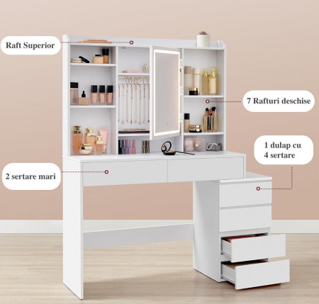 Masuta machiaj cu Oglinda LED si 6 Sertare pentru Cosmetice, Set Masa toaleta 118 cm, Alb, masuta cosmetica, vanity - SEA95 - Img 2
