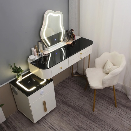 Masuta machiaj cu Oglinda LED si 6 Sertare pentru Cosmetice, Set Masa toaleta 100 cm, Alb, masuta cosmetica, vanity - SEA165 - Img 6