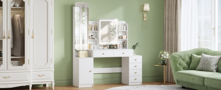 Masuta machiaj cu Oglinda LED si 6 Sertare pentru Cosmetice, Set Masa toaleta 140 cm, Alb, masuta cosmetica, vanity - SEA7 - Img 9