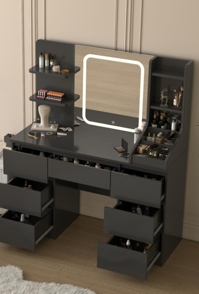 Masuta machiaj cu Oglinda LED si 7 Sertare pentru Cosmetice, Set Masa toaleta 110 cm, Alb / Negru / Roz, masuta cosmetica, vanity - SEA820 - Img 5