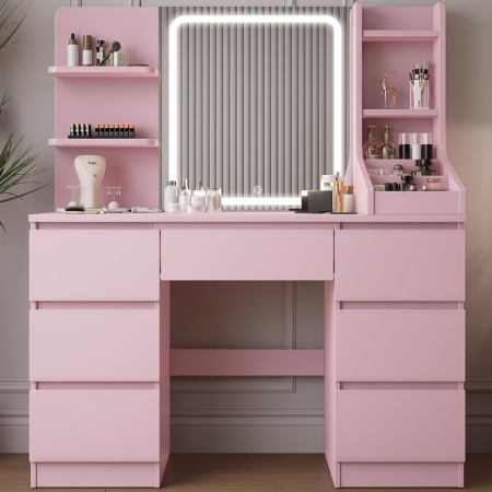 Masuta machiaj cu Oglinda LED si 7 Sertare pentru Cosmetice, Set Masa toaleta 110 cm, Alb / Negru / Roz, masuta cosmetica, vanity - SEA820 - Img 12