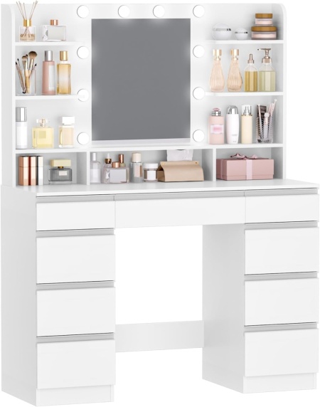 Masuta machiaj cu Oglinda LED si 9 Sertare pentru Cosmetice, Set Masa toaleta 109 cm, Alb, masuta cosmetica, vanity - SEA821 - Img 3