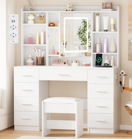 Masuta machiaj cu Oglinda LED si 9 Sertare pentru Cosmetice, Set Masa toaleta 110 cm, Alb, masuta cosmetica, vanity - SEA824 - Img 5