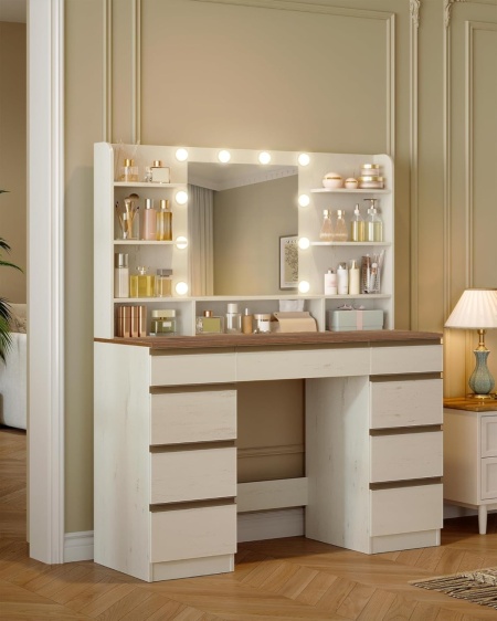 Masuta machiaj cu Oglinda LED si 9 Sertare pentru Cosmetice, Set Masa toaleta 109 cm, Alb, masuta cosmetica, vanity - SEA821 - Img 9