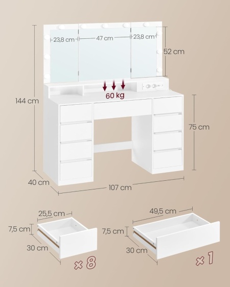 Masuta machiaj cu Oglinda LED si 9 Sertare pentru Cosmetice, Set Masa toaleta 107 cm, Alb, masuta cosmetica, vanity - SEA11 - Img 5