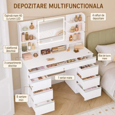 Masuta machiaj cu Oglinda LED si 9 Sertare pentru Cosmetice, Set Masa toaleta 109 cm, Alb, masuta cosmetica, vanity - SEA18 - Img 6