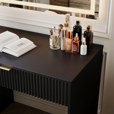 Masuta machiaj neagra cu Oglinda LED si 5 Sertare pentru Cosmetice, Set Masa toaleta 120 cm, masuta vanity cu Riflaj, cosmetica- SEN250 - Img 5