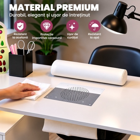 Masuta manichiura Alba,108 cm, birou, masa cosmetica pentru salon cu Aspirator Incorporat, Pernita si LED - MANIA213 - Img 6