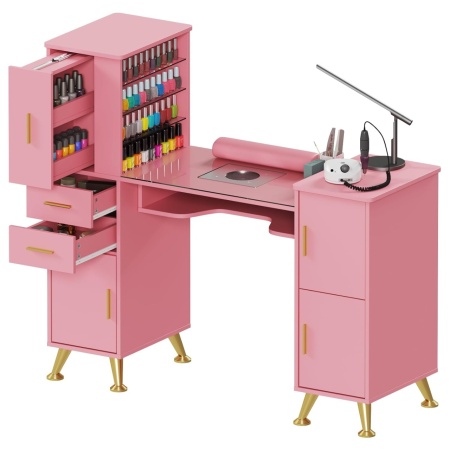 Masuta manichiura Alba / Roz / Neagra, 122 cm, birou cu Blat din Sticla, masa cosmetica pentru salon cu Aspirator Incorporat, Pernita si Vitrina din Sticla - MANIA214 - Img 2