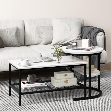 MCAU19 - Set 2 masute de cafea 80 cm si 52 cm, mese pentru living - Alb - Negru / Auriu - Img 10
