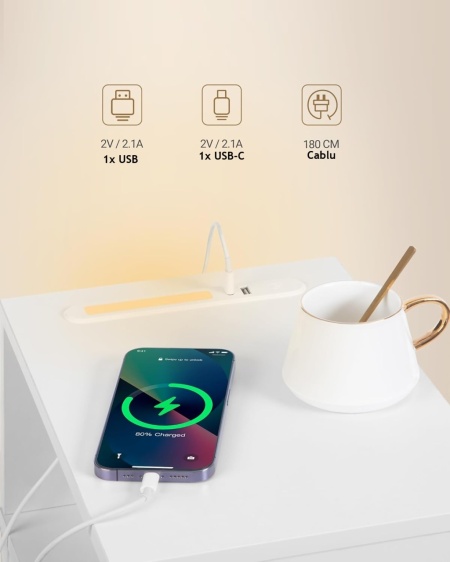NOA2 - Set 2 Noptiere, 24 cm, foarte inguste, LED, USB si USB-C, Riflaje dormitor - Alb - Auriu - Img 9
