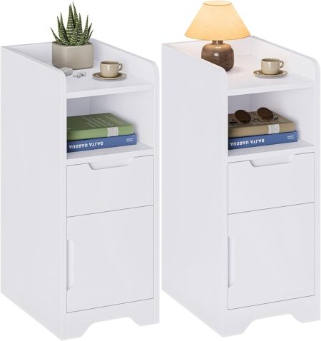NOA202 - Set 2x Noptiere foarte inguste, 25 cm, cu sertar, dulap si raft - Alb - Img 5