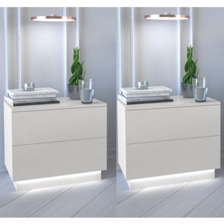 NOA510 - Set 2 noptiere albe 55 cm, cu 2 sertare si LED-uri, dormitor - Alb Mat