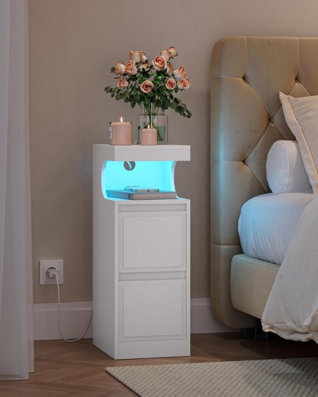 NOA79 - Set 2 Noptiere, 24 cm, foarte inguste, cu LED, 2 Sertare si Raft - Alb - Img 4