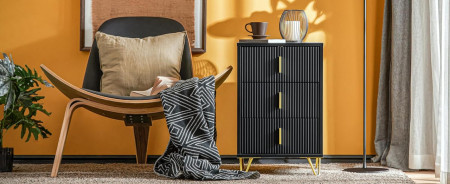 NON12 - Set 2x Noptiere negre 40x40x63cm, riflaje, cu 3 sertare, dormitor - Negru-Auriu - Img 2
