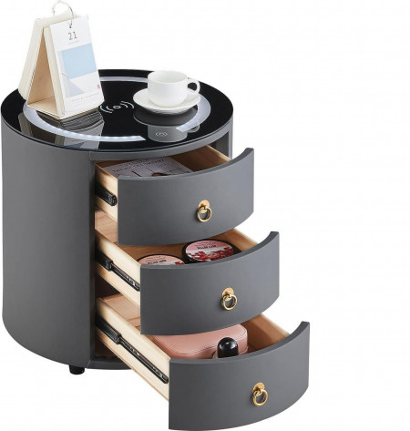 NON213 - Set 2x Noptiere Gri rotunde, 40 cm, cu 2 sertare, cu LED si incarcator Wireless, dormitor - Img 3