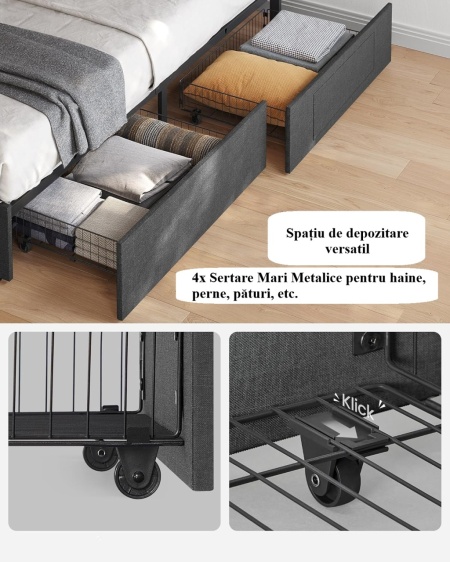 PAG2 - Pat tapitat, 140 sau 160 x 200 cm, cu 4 Sertare, LED, USB si USB-C, Organizatoare Carti - Gri - Img 2