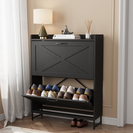 PANA32 - Pantofar 80 cm ingust, 2 compartimente, pantofare, depozitare pantofi, mobilier hol - Alb / Negru - Img 6