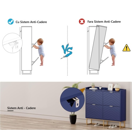 PANN5 - Pantofar 100 cm ingust, 4 compartimente, pantofare, depozitare pantofi, mobilier hol - Negru / Albastru / Gri - Auriu - Img 7