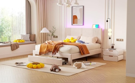 PARC205 - Pat tapitat cu LED si USB, 140 / 160 x 200 cm, cu Sertar - Gri - Img 2