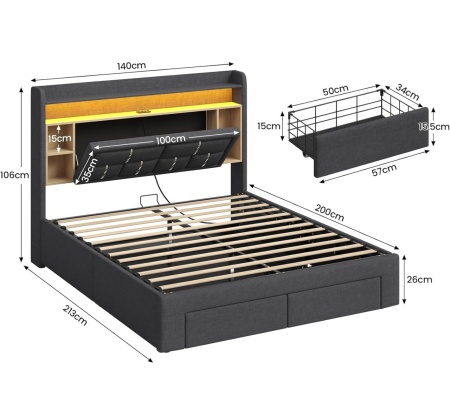 Pat tapitat Gri, 140 x 200 cm, cu USB, USB-C, LED, 2 Sertare, Somiera Hidraulica, Spatiu depozitare si Rafturi - PAG202 - Img 3
