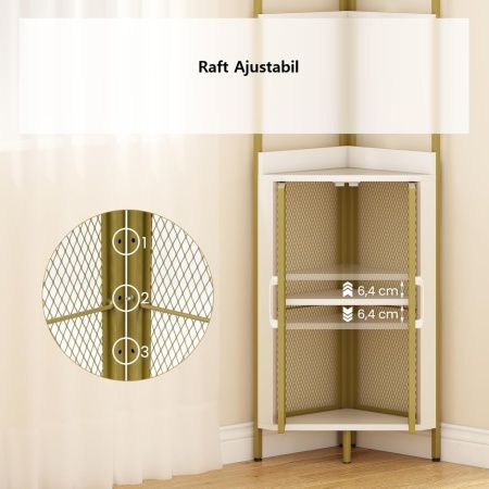 RAAU15 - Raft colt cu 3 polite si 1 dulap, 32 cm pentru birou, hol, living, baie - Auriu Alb / Maro - Img 7