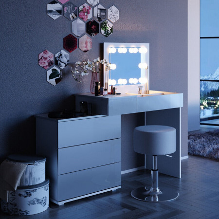 SEA389 - Set Masa alba toaleta moderna, 117 cm, cosmetica machiaj oglinda masuta vanity cu oglinda cu LED sau fara LED