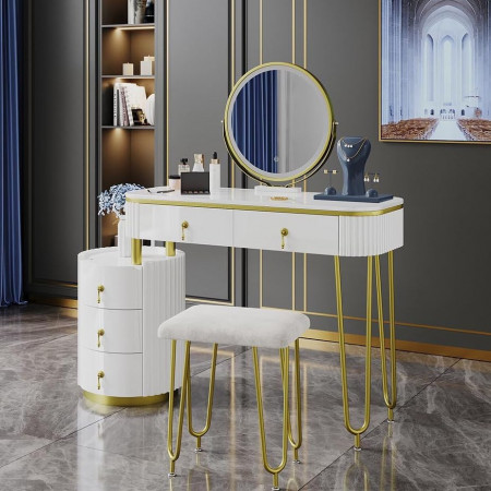 SEA422 - Set Masa toaleta, 100 cm, cosmetica machiaj, oglinda cu LED, masuta vanity, scaun tapitat - Alb-Auriu