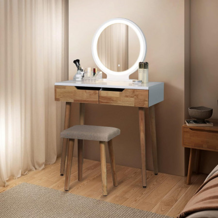 SEA432 - Set Masa toaleta, 80 cm, cosmetica machiaj, oglinda cu LED, masuta vanity, scaun tapitat - Alb - Maro