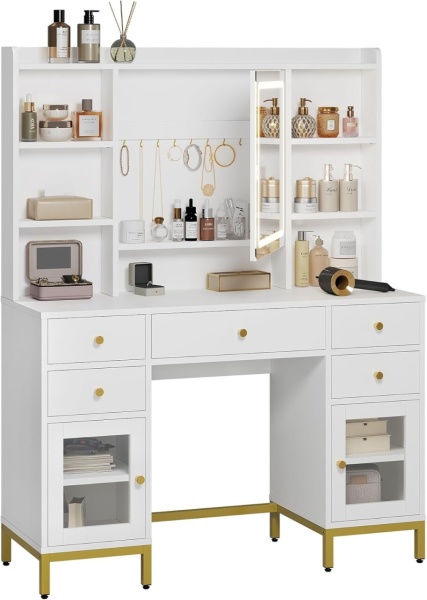 SEA827 - Set Masa toaleta 110 cm, cu Priza si USB, 5 Sertare, rafturi, Oglinda cu LED, Organizator Bijuterii, masuta vanity, make-up - Alb - Auriu - Img 4