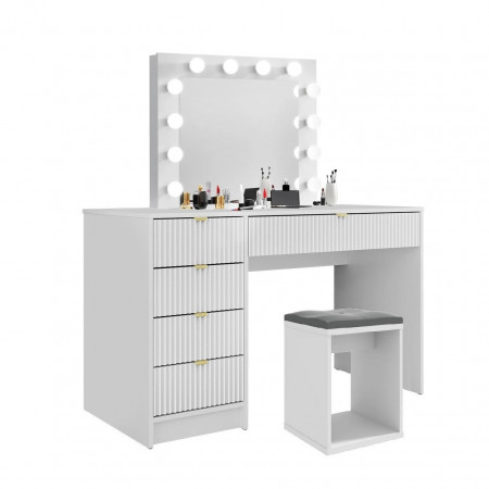 SEA93 - Set Masa Alba toaleta cu riflaj, 120 cm, cosmetica, masuta machiaj, oglinda cu LED cu sau fara Priza, cu sau fara scaun - Img 6