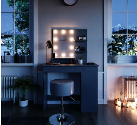 SEN229 - Set Masa toaleta, 90 cm, cosmetica machiaj oglinda cu sau fara LED, masuta vanity, cu sau fara scaunel - Antracit
