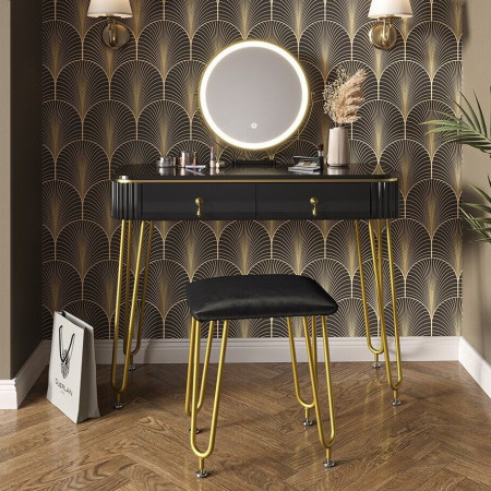 SEN237 - Set Masa toaleta, 100 cm, cosmetica machiaj, oglinda cu LED, scaunel taburet tapitat - Negru Lucios-Auriu