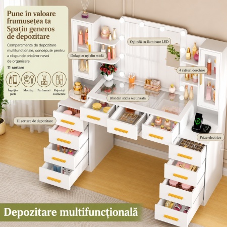Set Masa toaleta alba 160 cm, cu Priza si USB, cosmetica, machiaj, oglinda cu LED, masuta vanity cu Blat de Sticla, make-up - SEA437 - Img 8