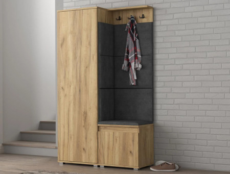 CUI514 - Cuier 104x37x177 cm - 3 agatatori haine, hol, pantofar - Stejar, tapiterie Turcoaz/Gri/Albastru - Img 7