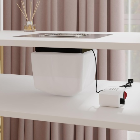 MANIAU211 - Masuta manichiura, 120 cm, birou, masa cosmetica pentru salon cu Aspirator Incorporat, Priza, LED, Sertare si Rafturi - Alb - Auriu - Img 4