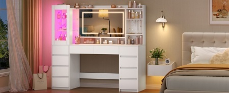 Masuta de machiaj 140 cm, cu Oglinda LED si 10 Sertare pentru Cosmetice, Set Masa toaleta Alba, masuta cosmetica, vanity cu dulapior si rafturi - SEA20 - Img 2