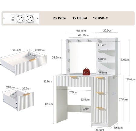 Masuta machiaj 92 cm, Alba sau Maro cu Oglinda LED si 4 Sertare pentru Cosmetice, Set Masa toaleta cu 2 Prize, USB si USB-C, masuta cosmetica, vanity cu Riflaj si Rafturi - SEM26 - Img 8