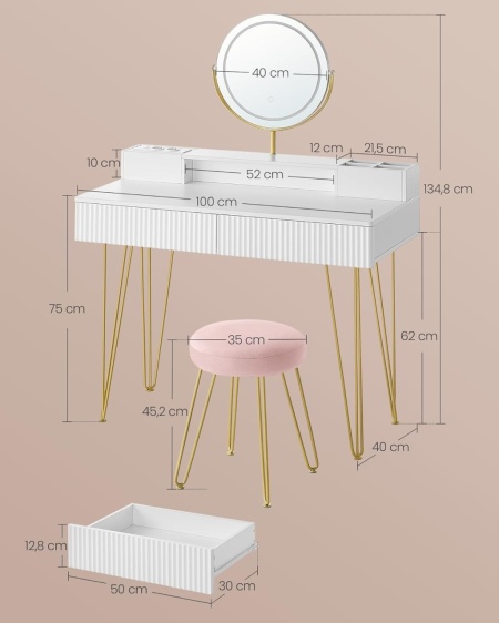 Masuta machiaj alba cu Oglinda LED si 2 Sertare pentru Cosmetice, Set Masa toaleta 80 cm sau 100 cm, masuta cosmetica cu Riflaj, vanity - SEA801 - Img 7