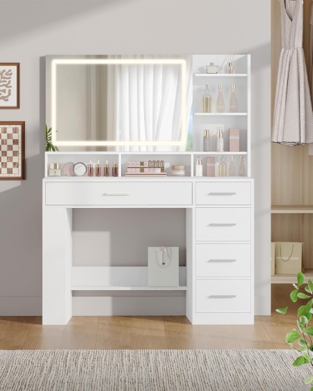 Masuta machiaj cu Oglinda HD LED si 5 Sertare pentru Cosmetice, Set Masa toaleta 108 cm, Alb, masuta cosmetica, vanity - SEA13 - Img 3