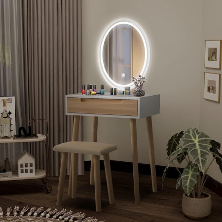 Masuta machiaj cu Oglinda LED si 1 Sertar pentru Cosmetice, Set Masa toaleta 60 cm, Alb, masuta cosmetica, vanity - SEM234 - Img 4