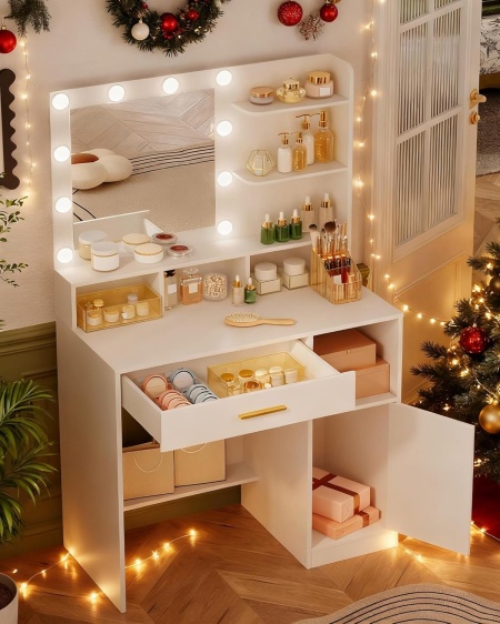 Masuta machiaj cu Oglinda LED si 1 Sertar pentru Cosmetice, Set Masa toaleta 80 cm, Alb / Negru / Gri, masuta cosmetica, vanity - SEG19 - Img 4