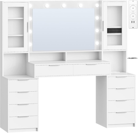 Masuta machiaj cu Oglinda LED si 10 Sertare pentru Cosmetice, Set Masa toaleta 150 cm, Alb, masuta cosmetica cu Priza si USB, vanity cu Suport Uscator de Par si Dulapior Bijuterii - SEA10 - Img 3