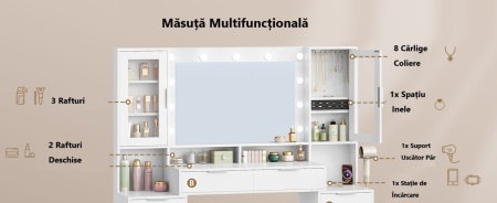 Masuta machiaj cu Oglinda LED si 10 Sertare pentru Cosmetice, Set Masa toaleta 150 cm, Alb, masuta cosmetica cu Priza si USB, vanity cu Suport Uscator de Par si Dulapior Bijuterii - SEA10 - Img 12
