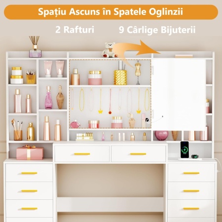 Masuta machiaj cu Oglinda LED si 10 Sertare si Rafturi pentru Cosmetice, Set Masa toaleta 150 cm, Alb, masuta cosmetica cu Priza si USB, vanity cu Dulapior Bijuterii - SEA204 - Img 3