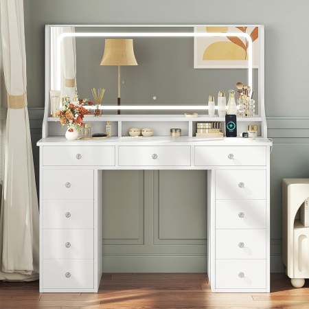 Masuta machiaj cu Oglinda LED si 11 Sertare pentru Cosmetice, Set Masa toaleta 110 cm, Alb, masuta cosmetica, vanity - SEA909 - Img 5
