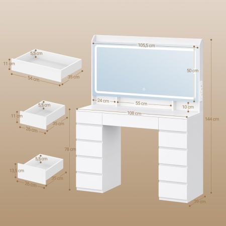 Masuta machiaj cu Oglinda LED si 11 Sertare pentru Cosmetice, Set Masa toaleta 108 cm, Alb, masuta cosmetica, vanity cu Priza si USB - SEA12 - Img 5