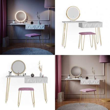 Masuta machiaj cu Oglinda LED si 2 Sertare pentru Cosmetice, Set Masa toaleta 120 cm, Alb, masuta cosmetica, vanity - SEA391 - Img 4