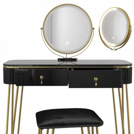 Masuta machiaj cu Oglinda LED si 2 Sertare pentru Cosmetice, Set Masa toaleta 100 cm, Negru, masuta cosmetica, vanity - SEN237 - Img 5
