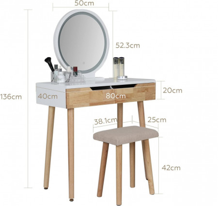 Masuta machiaj cu Oglinda LED si 2 Sertare pentru Cosmetice, Set Masa toaleta 80 cm, Alb, masuta cosmetica, vanity - SEA432 - Img 4